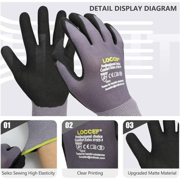 Work Gloves MicroFoam Nitrile Coated-6 Pairs,Seamless Knit Nylon Gloves,Gray - Picture 2 of 7